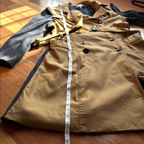Anthropologie // Harlyn Tan Double-Breasted Trench Coat with Navy Plaid Detail - Picture 16 of 16